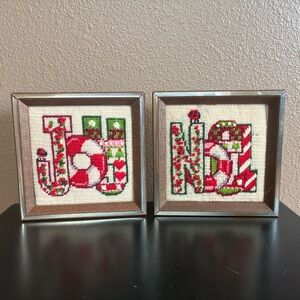 Vintage Needlepoint JOY and NOEL Framed Handstitched Wall Art Set